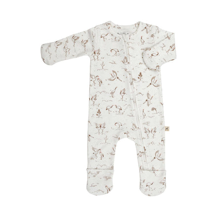 Red Caribou Babies Zipped Jumpsuit - white jumpsuit with zip closure down the front, snap closures at the legs, fold over fabric at hands and feet, and a crane print on a neutral background