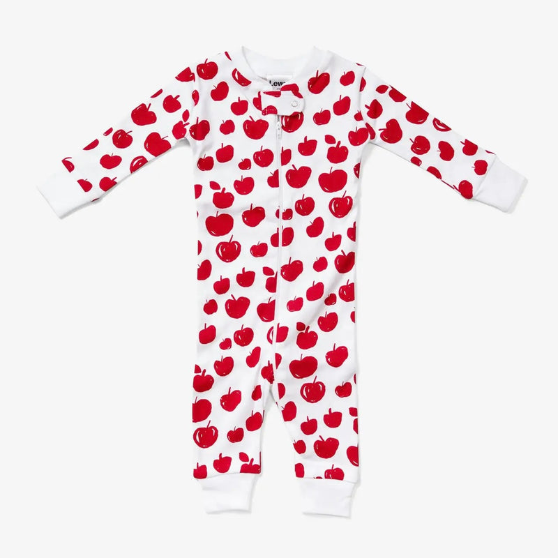Babies' Zip Sleeper - white zip onesie with a red apple pattern on a neutral background