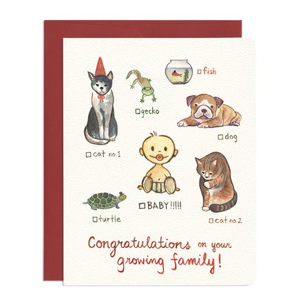 'Cat, Dog, Baby' Greeting Card