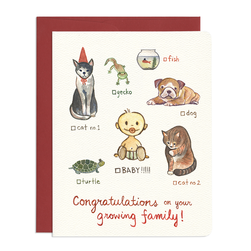 'Cat, Dog, Baby' Greeting Card