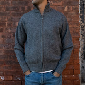Men's Heavyweight Full-Zip 100% Baby Alpaca Wool Jacket, a aman wearing a baby alpaca full zippered jacket stands in front of a brick wall