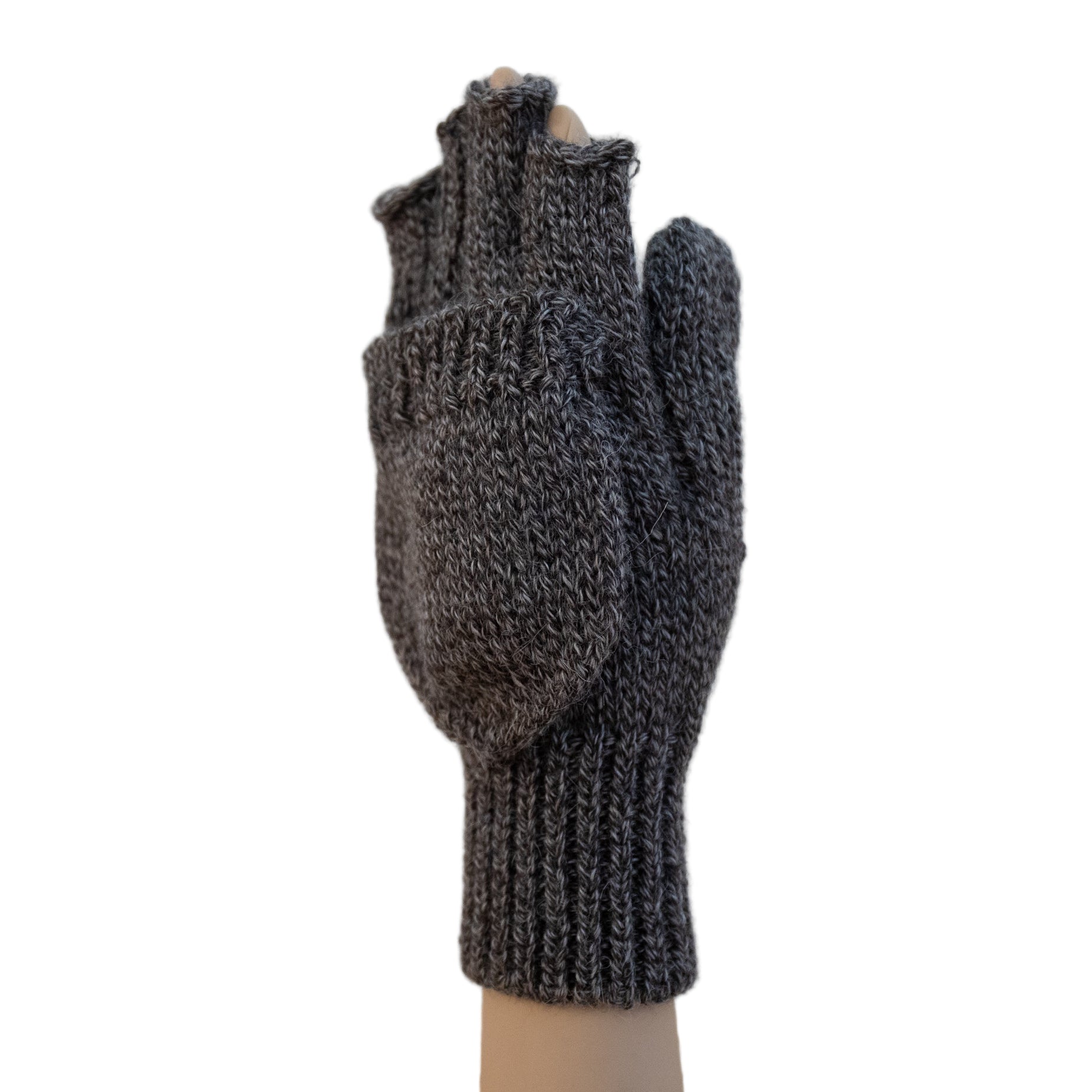 A pair of gray alpaca wool fingerless gloves with a leather palm, displayed on a mannequin.
