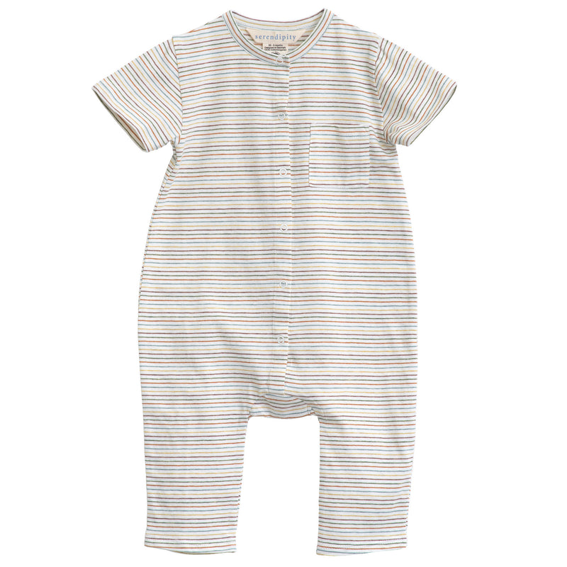 Serendipity Baby Jersey Pocket Suit - 100% GOTS cotton, a striped rainbow onesie with buttons down the front against a white background