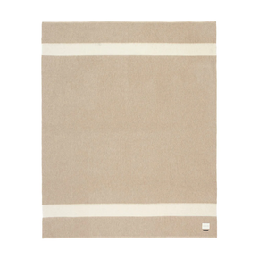 Blacksaw Siempre Recycled Blanket - Beige with Ivory Stripe, a beige blanket with a white stripe lying flat on a white background