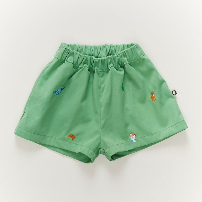 Oeuf Camp Shorts - 100% Cotton Twill for summer| Fluff Alpaca, green shorts with embroidered characters on a white background