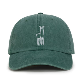 Fluff Alpaca Embroidered Baseball Hats, a forest green baseball hat with an embroidered alpaca on a white background.