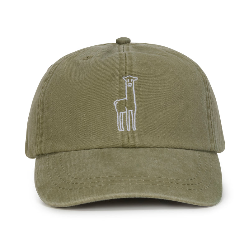 Fluff Alpaca Embroidered Baseball Hats, a khaki baseball hat with an embroidered alpaca on a white background.