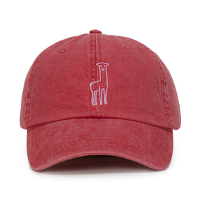 Fluff Alpaca Embroidered Baseball Hats, a pink baseball hat with an embroidered alpaca on a white background.