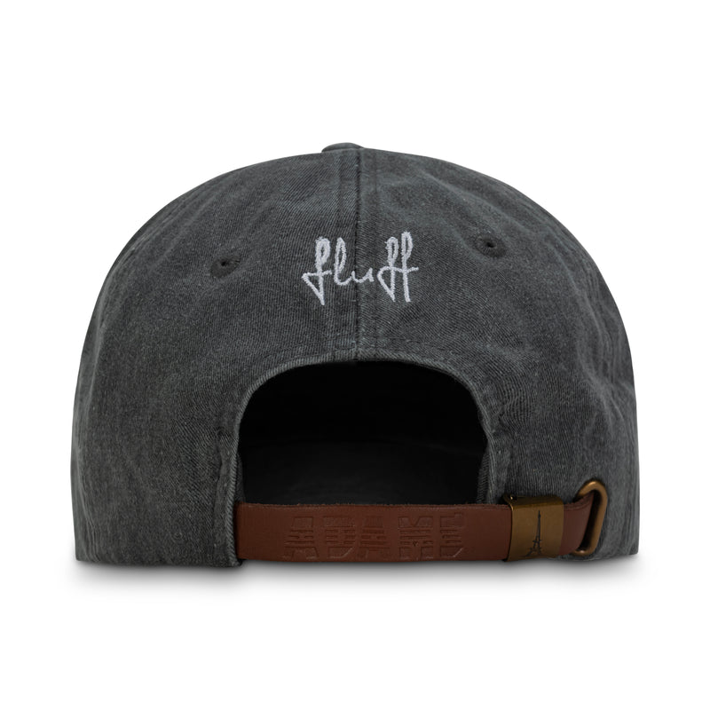 Fluff Alpaca Embroidered Baseball Hats, the back of a charcoal baseball hat with the word "Fluff" embroidered on a white background.