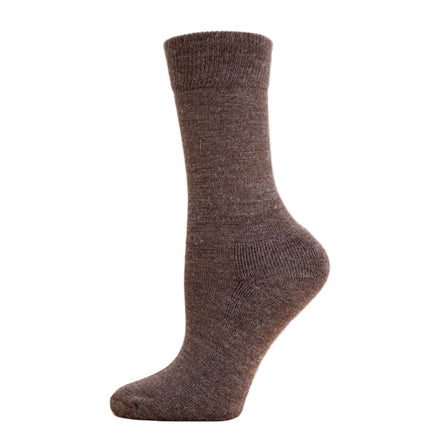 A single brown solid colored crew alpaca hiking sock displayed on a wooden platform.