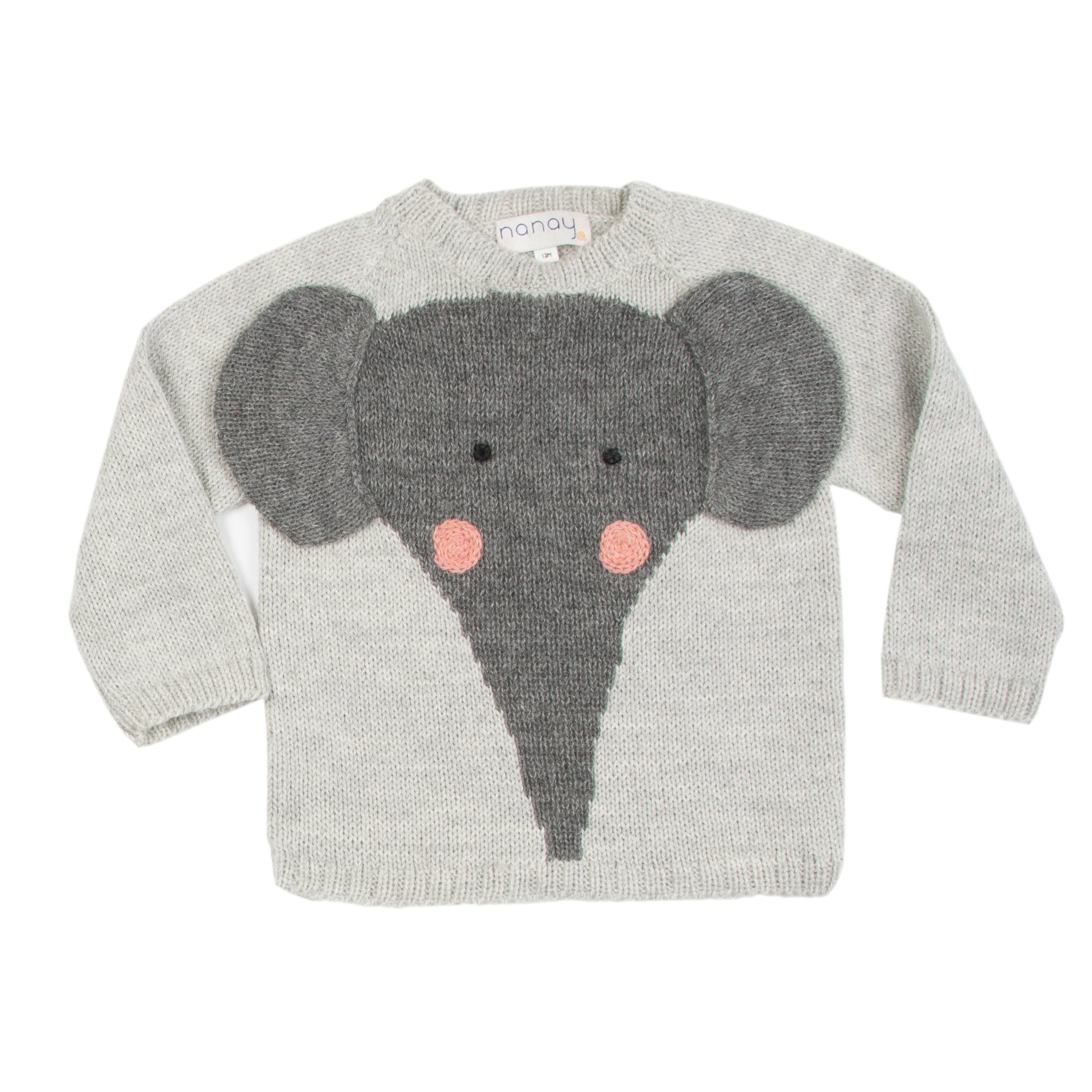 Children's gray sweater with an elephant design, including details such as ears, eyes, and trunk depicted on the front.