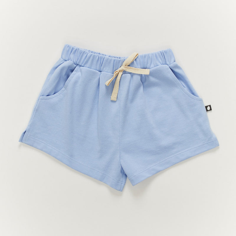 Oeuf Kid's Play Shorts - 100% GOTS Pima Cotton, a pair of blue play shorts on a white background.