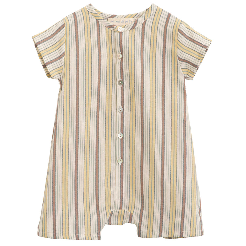 Serendipity Baby Button Suit - 100% GOTS Cotton, a striped button down onesie with against a white background
