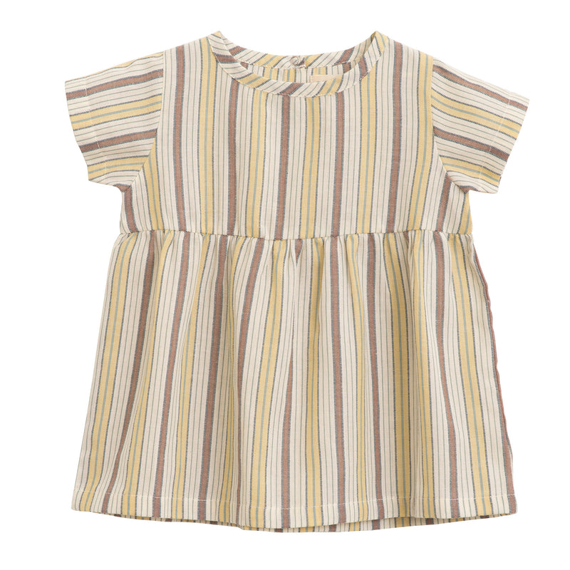 Serendipity Baby Flair Dress - 100% GOTS Certified Cotton for Summer, a  red and yellow striped baby flair dress on a white background.