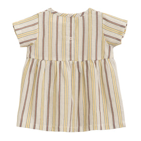 Serendipity Baby Flair Dress - 100% GOTS Certified Cotton for Summer, the back of a  red and yellow striped baby flair dress on a white background.