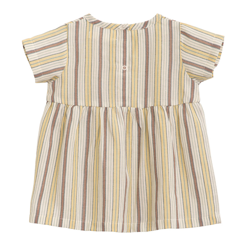 Serendipity Baby Flair Dress - 100% GOTS Certified Cotton for Summer, the back of a  red and yellow striped baby flair dress on a white background.
