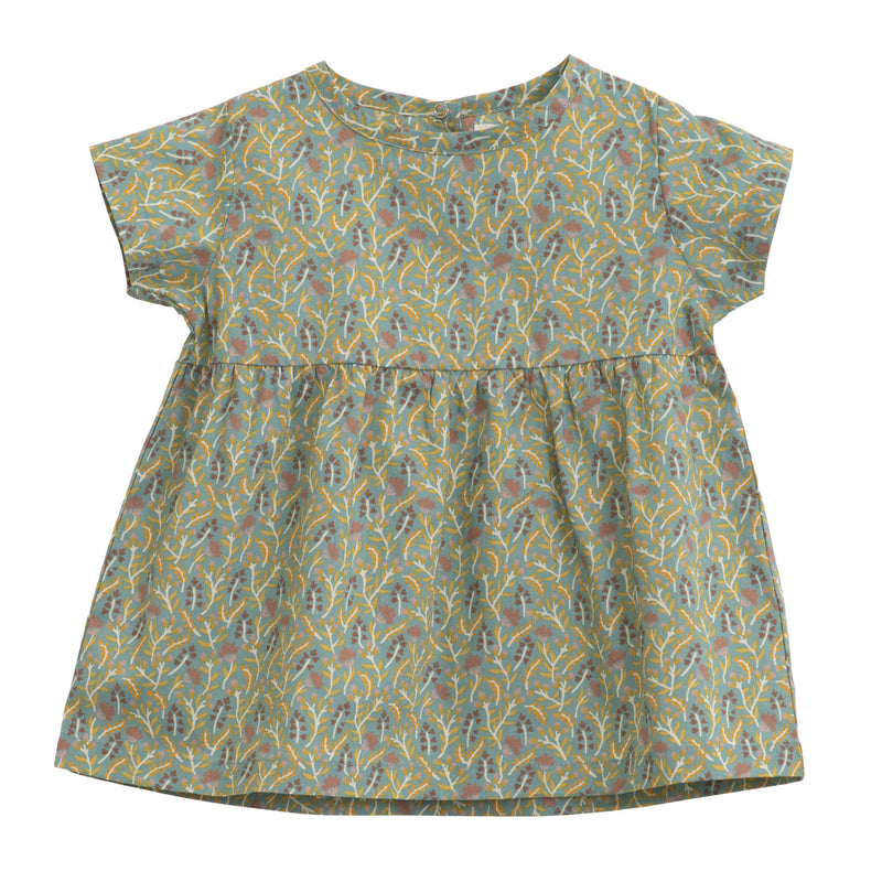 Serendipity Baby Flair Dress - 100% GOTS Certified Cotton for Summer, a green baby flair dress with leaves on a white background.