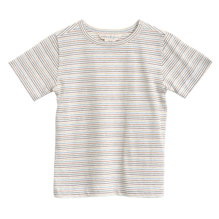 Serendipity Kid's Jersey Tee - 100% Organic Cotton, a rainbow stripe jersey kid's tee shirt on a white background