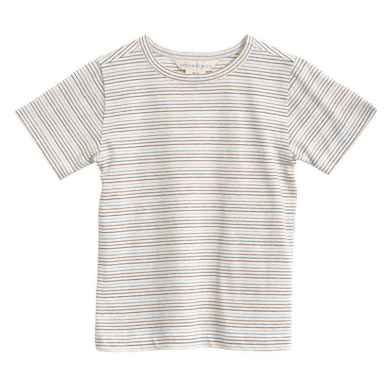 Serendipity Kid's Jersey Tee - 100% Organic Cotton, a rainbow stripe jersey kid's tee shirt on a white background