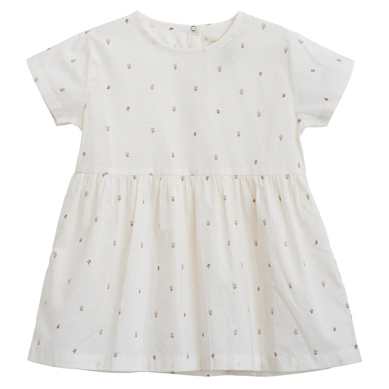 Serendipity Kid's Loose Dress - 100% Organic Cotton, a White dress with reddish-brownish flowers on a white background