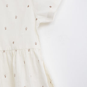 Serendipity Kid's Loose Dress - 100% Organic Cotton, a closeup look of a White dress with reddish-brownish flowers on a white background