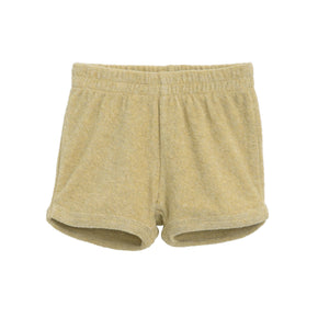 Serendipity Kid's Terry Shorts - 100% Organic Cotton, tan terry shorts on a white background