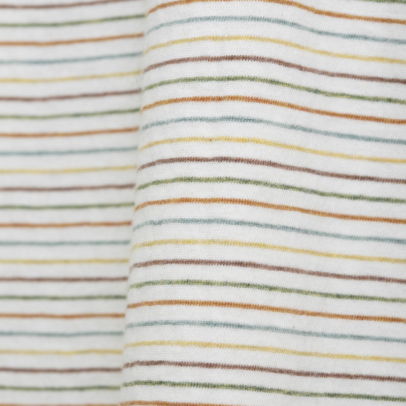 Serendipity Women's Rainbow Stripe Jersey Dress - 100% GOTS Cotton, a closeup of the stripe rainbow jersey fabric.