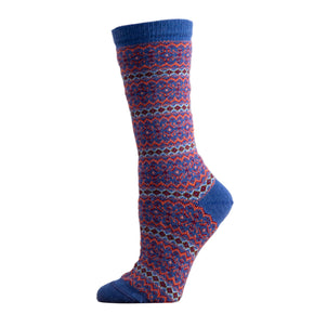 Blue and red patterned sock on a white background