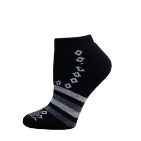A pair of black ankle-length alpaca fiber socks with cushioning, featuring gray stripes and small floral patterns.
