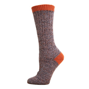 A pair of alpaca wool socks with mid-calf fit, featuring a mix of brown, gray, and orange colors.