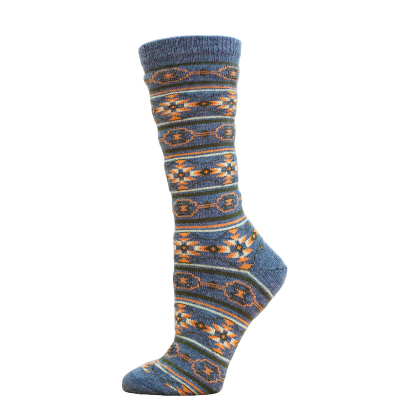 Blue and orange patterned sock on a white background