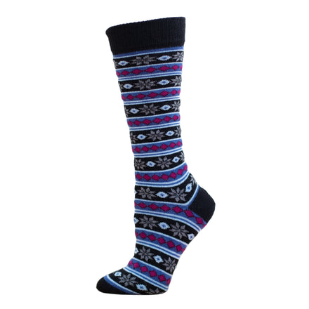 A pair of patterned alpaca socks featuring a starry stripe design in blue, black, and red colors.
