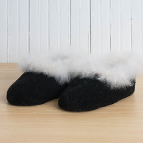 Black slippers with white fur trim on a wooden floor against a white paneled wall.