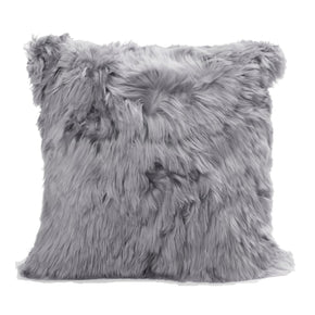 A square-shaped Suri alpaca pillow with a plush, furry texture in gray color.