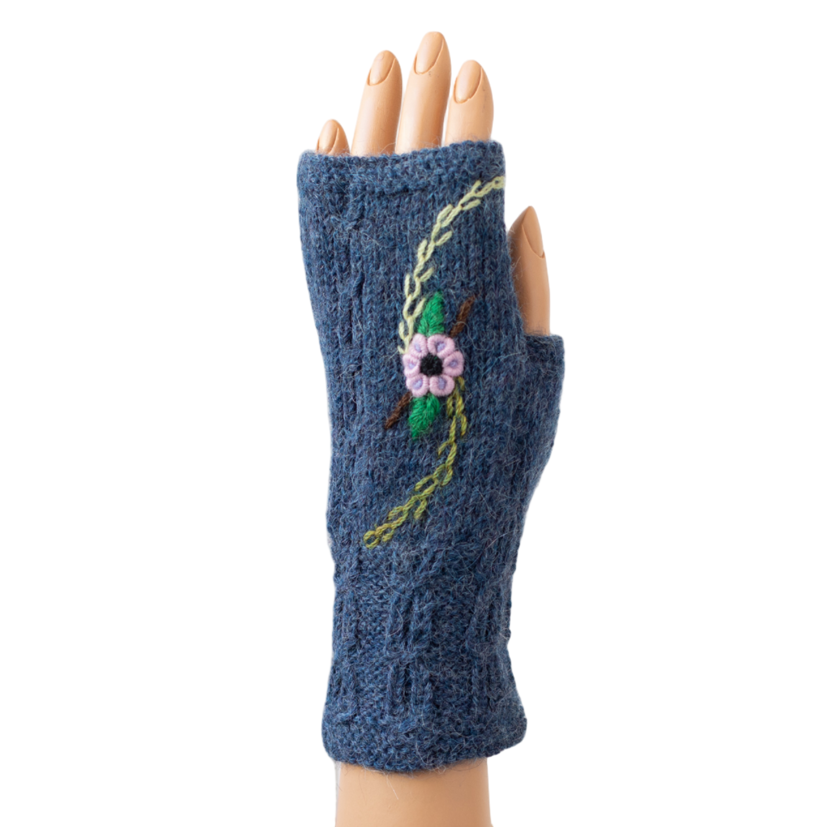 Blue knitted fingerless glove with floral embroidery on a white background