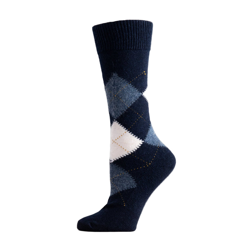 A navy argyle patterned alpaca sock displayed on a mannequin's foot.