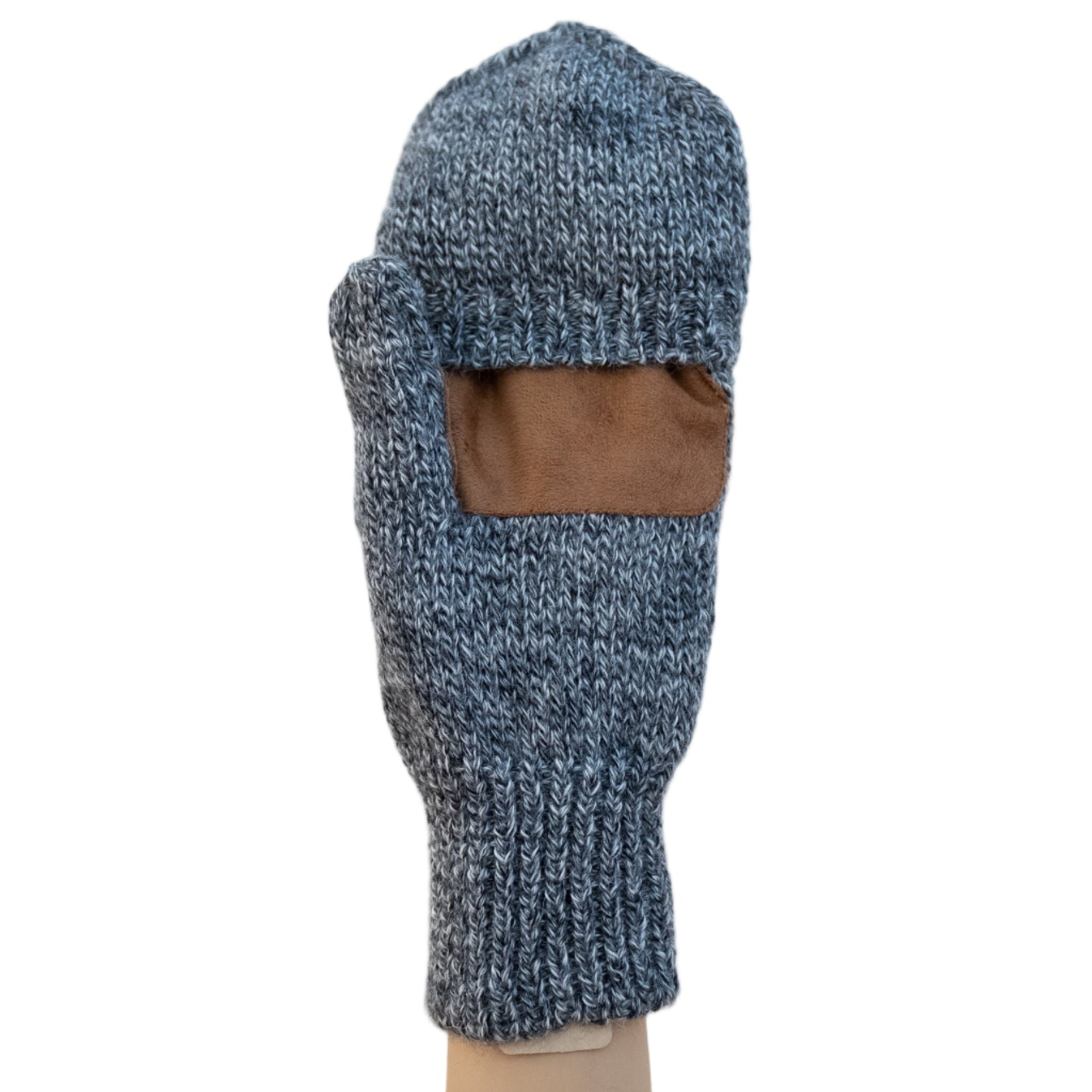 knit grey mittens against white background