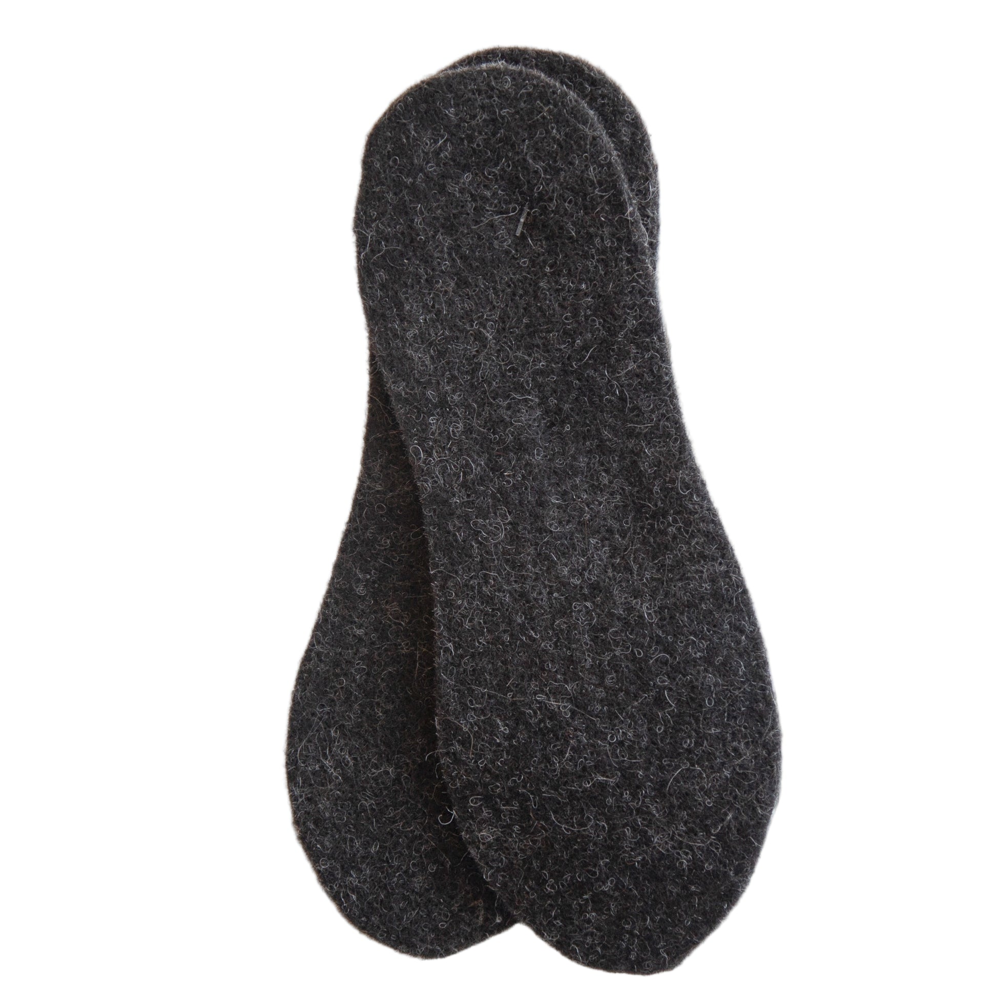 A pair of gray alpaca fiber shoe inserts laid flat on a wooden surface.