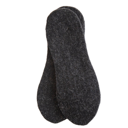 A pair of gray alpaca fiber shoe inserts laid flat on a wooden surface.