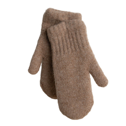 A pair of beige alpaca knit mittens displayed against a white wooden background.