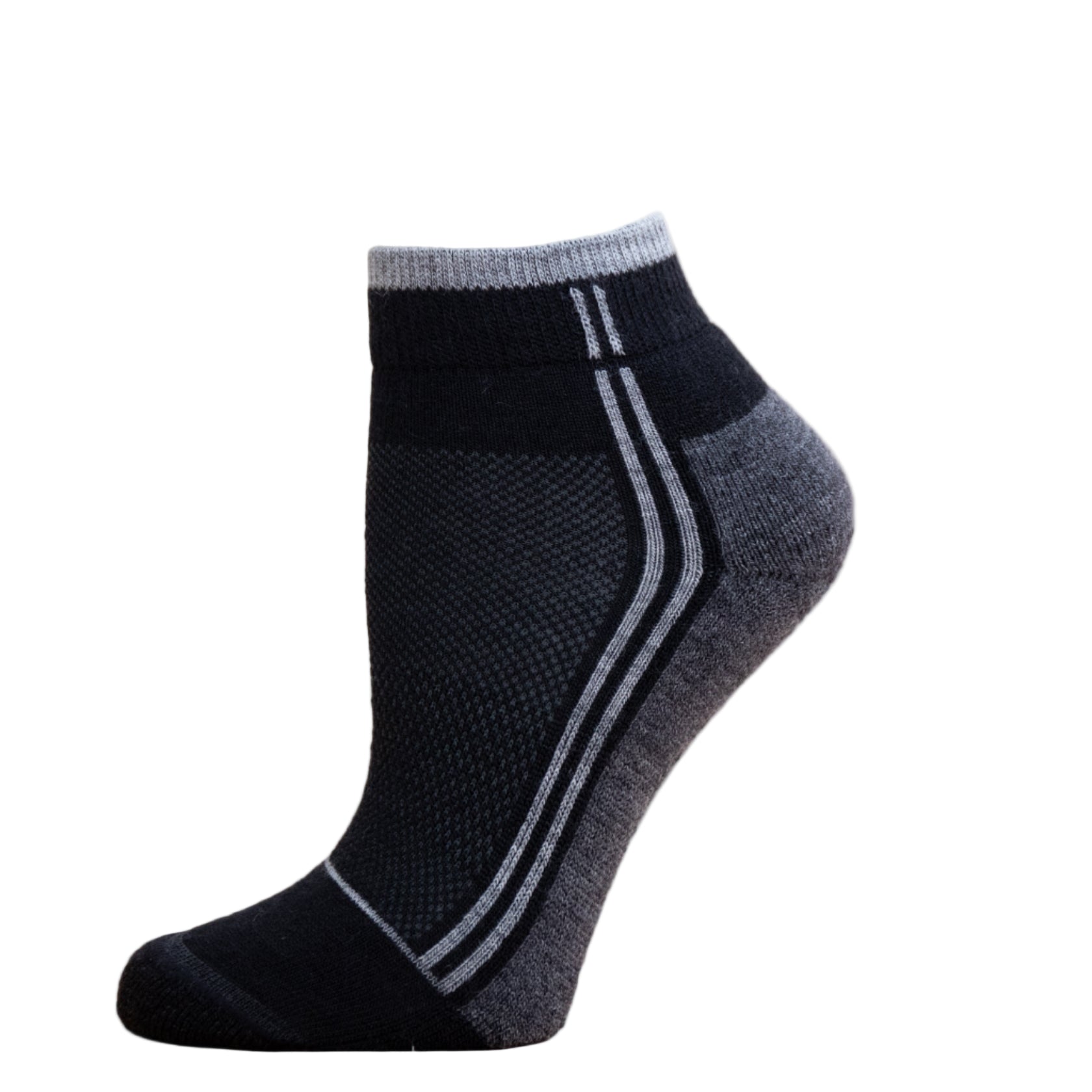 Alpaca Running  and Athletic Ankle Socks. A pair of black alpaca ankle running socks in front of a white background. 