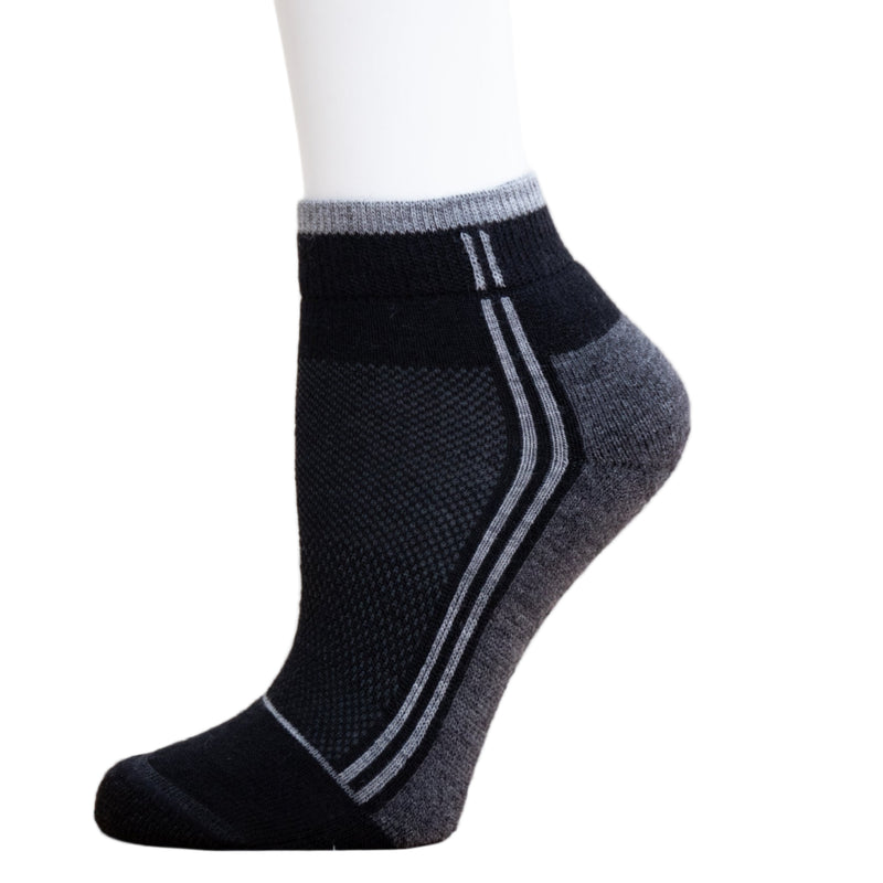Alpaca Running  and Athletic Ankle Socks. A pair of black alpaca ankle running socks in front of a white background. 