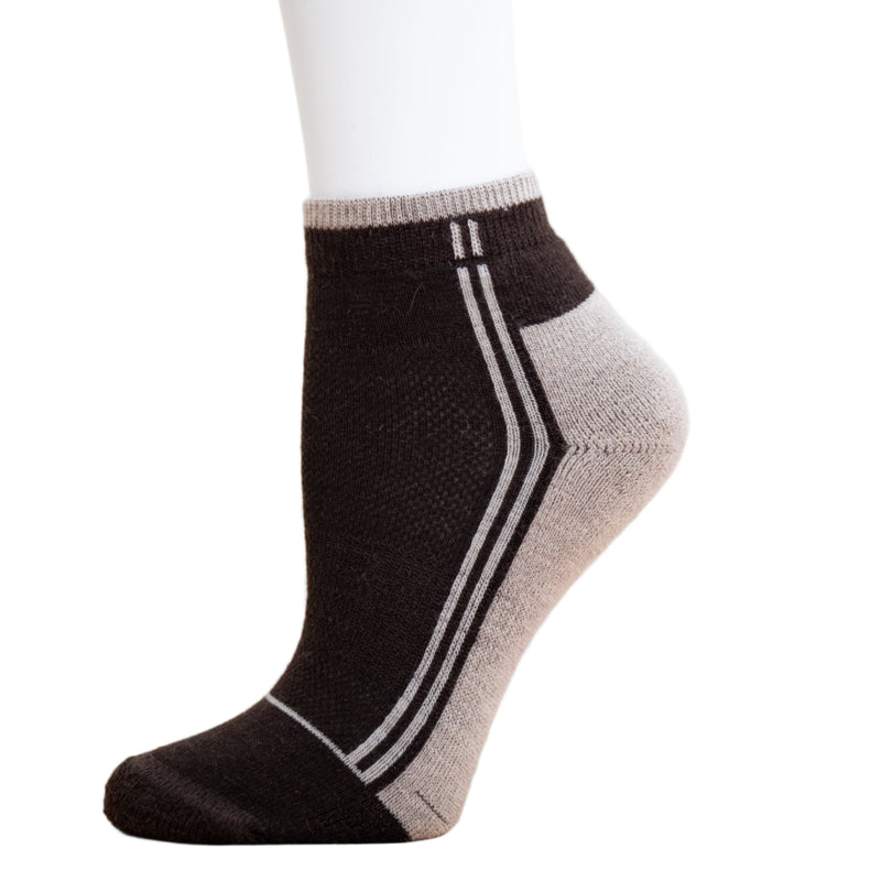 Alpaca Running  and Athletic Ankle Socks. A pair of brown alpaca ankle running socks in front of a white background. 