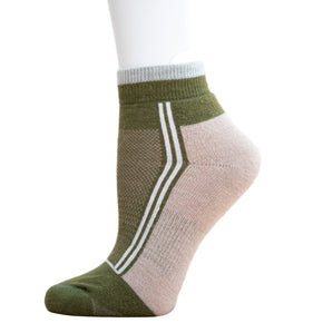 Alpaca Running  and Athletic Ankle Socks. A pair of dark olive green alpaca ankle running socks in front of a white background. 
