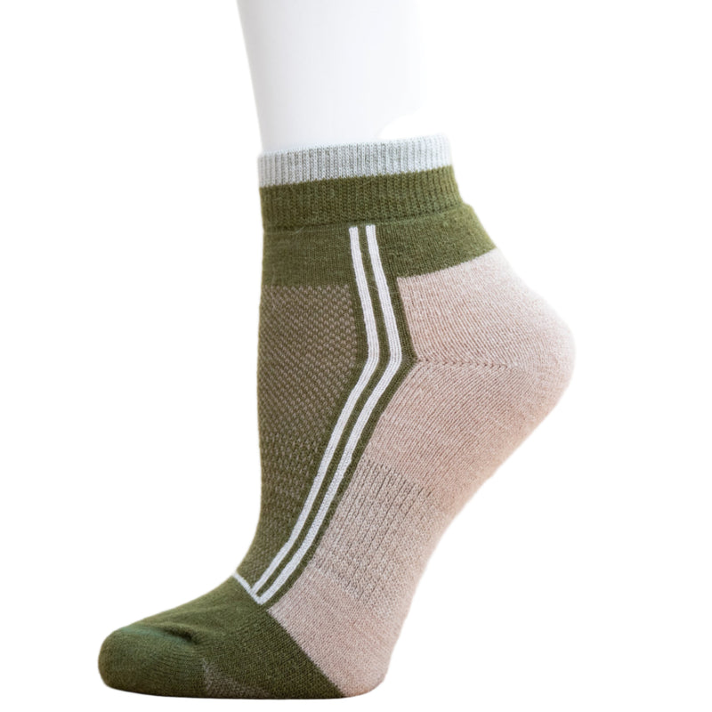 Alpaca Running  and Athletic Ankle Socks. A pair of dark olive green alpaca ankle running socks in front of a white background. 