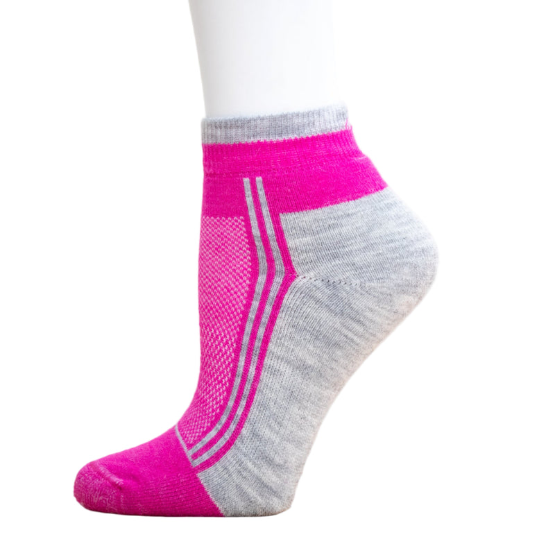 Alpaca Running  and Athletic Ankle Socks. A pair of fucshia alpaca ankle running socks in front of a white background. 