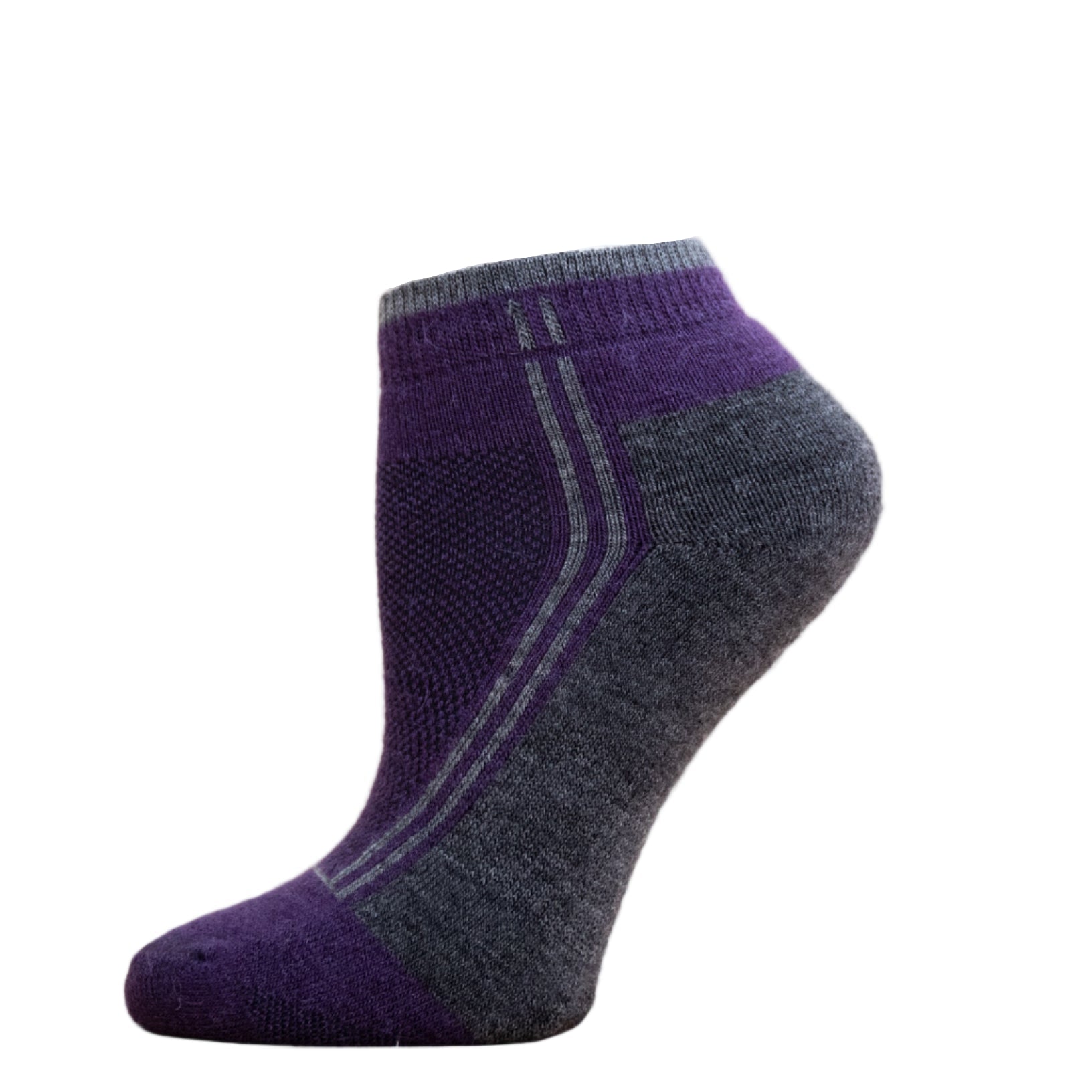 Alpaca Running  and Athletic Ankle Socks. A pair of purple alpaca ankle running socks in front of a white background. 