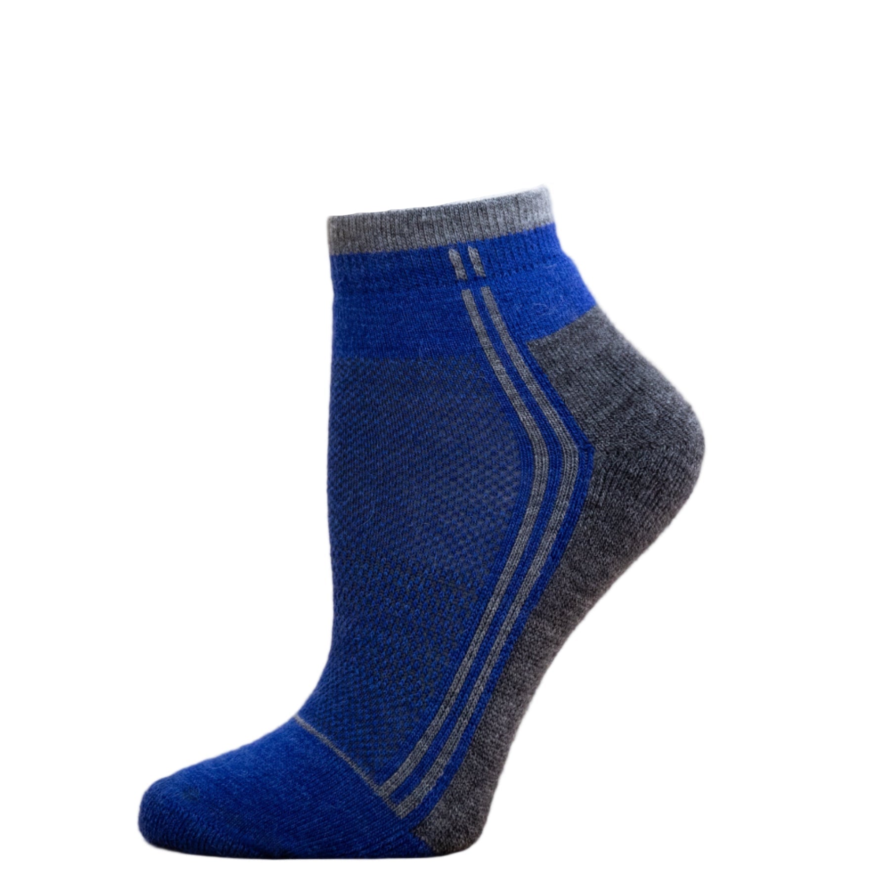 Alpaca Running  and Athletic Ankle Socks. A pair of royal blue alpaca ankle running socks in front of a white background. 