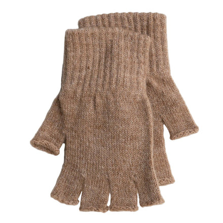 Pair of brown knitted fingerless gloves on a white background
