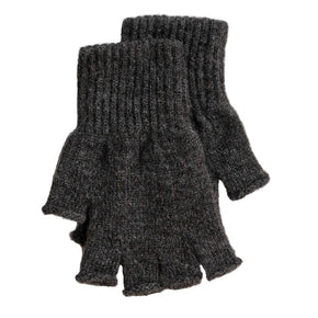 Pair of dark gray fingerless gloves on a white wooden surface
